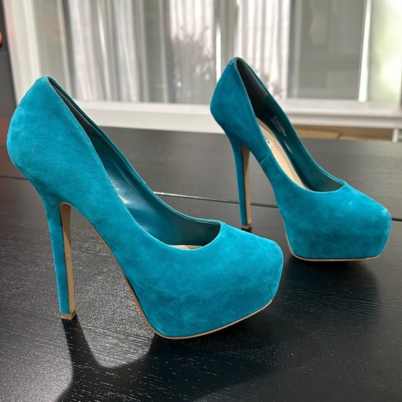 Steve Madden Babylonn Teal Suede Platform Heels - 8 - Picture 1 of 10